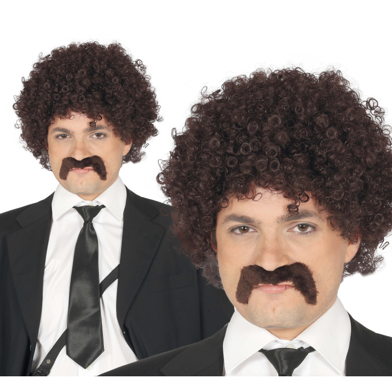 Pánská hnědá kudrnatá paruka s knírem